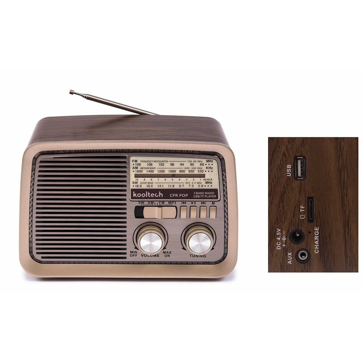 Rádio Portátil Bluetooth Kooltech CPR POP Vintage Castanho